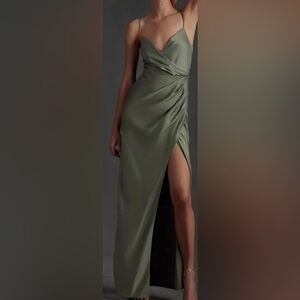 BHLDN Freya Satin Charmeuse Dress in Moss